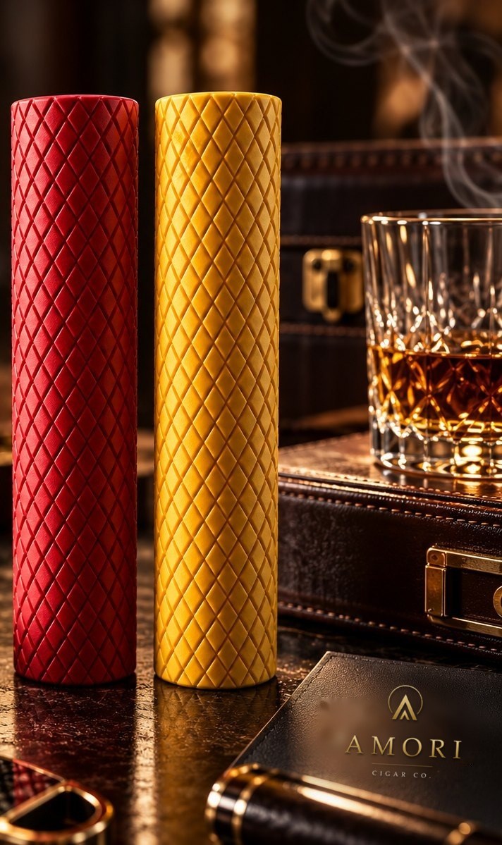 Crimson and gold Amori cigar cases beside a glass of whiskey and an Amori leather notebook